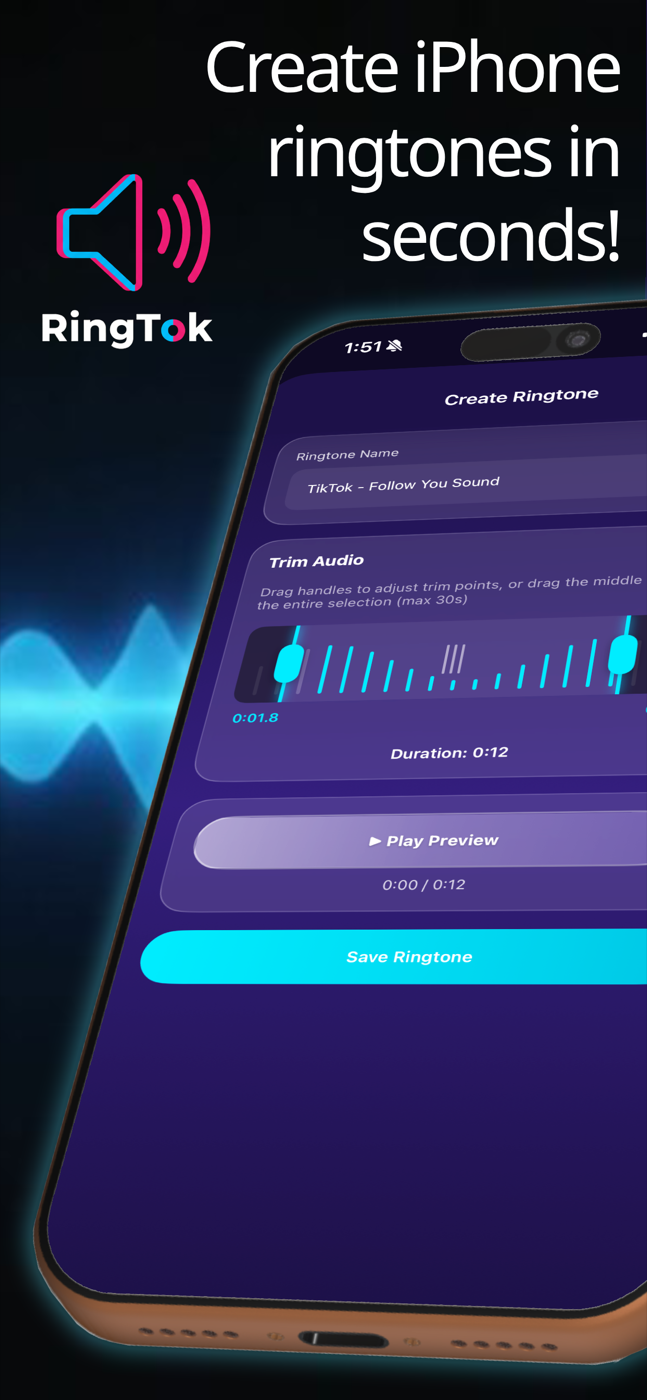 RingTok trim editor showing waveform controls and a Save Ringtone button