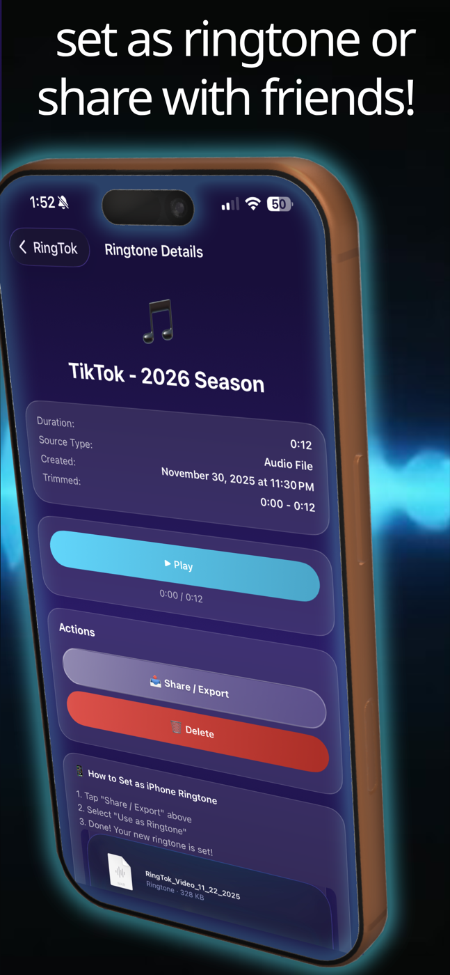 RingTok ringtone export screen